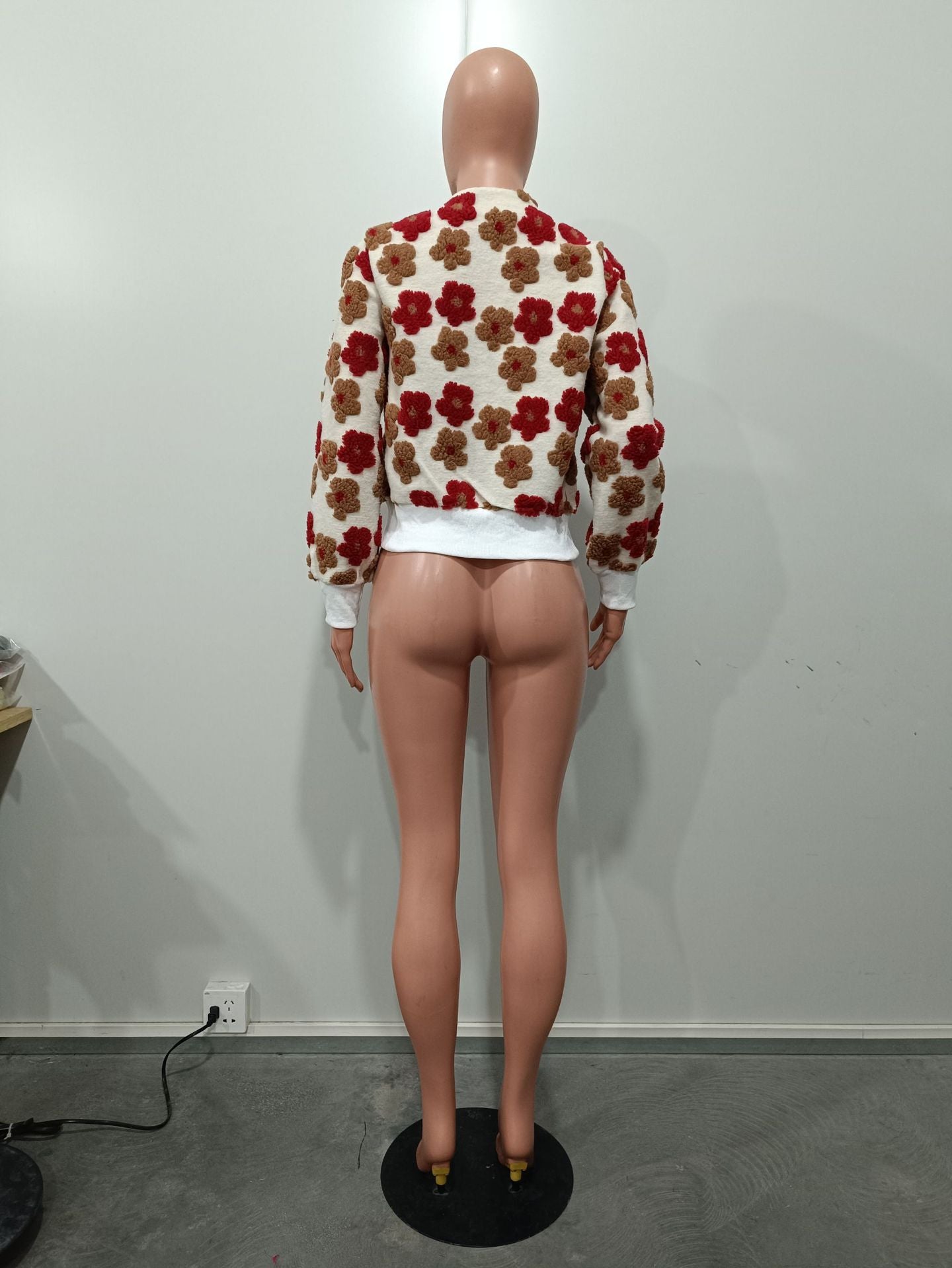 Women Flower Ribbed Long Sleeve Jacket 12