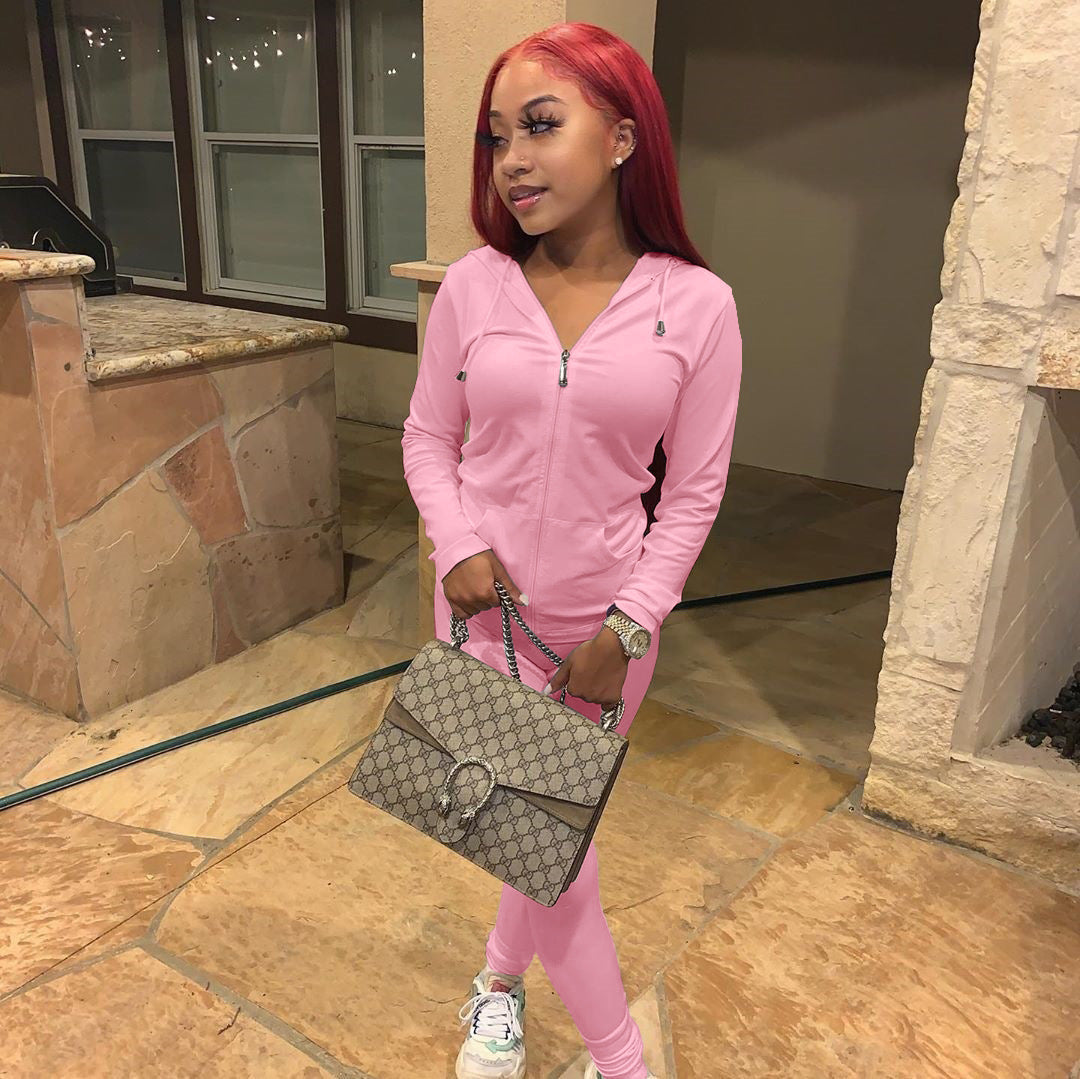 Women Summer Sports Hooded Full Sleeves Solid Pockets Regular Two Piece Pants Set 25