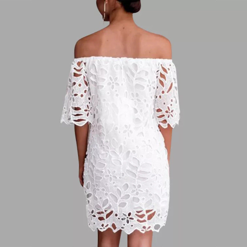 Spring Summer Solid Color Lace Half-Sleeve Off Shoulder Fashion Casual Dress 10