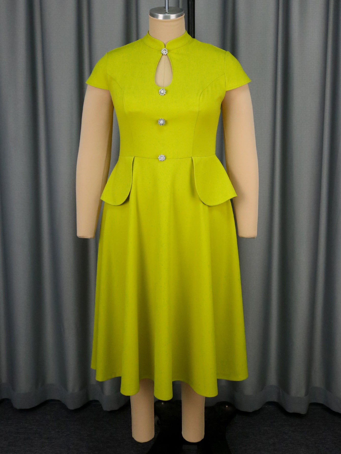 Plus Size Solid Color Cut-Out Short Sleeve Party Dress Stand Collar A-Line Elegant Evening Gown 6