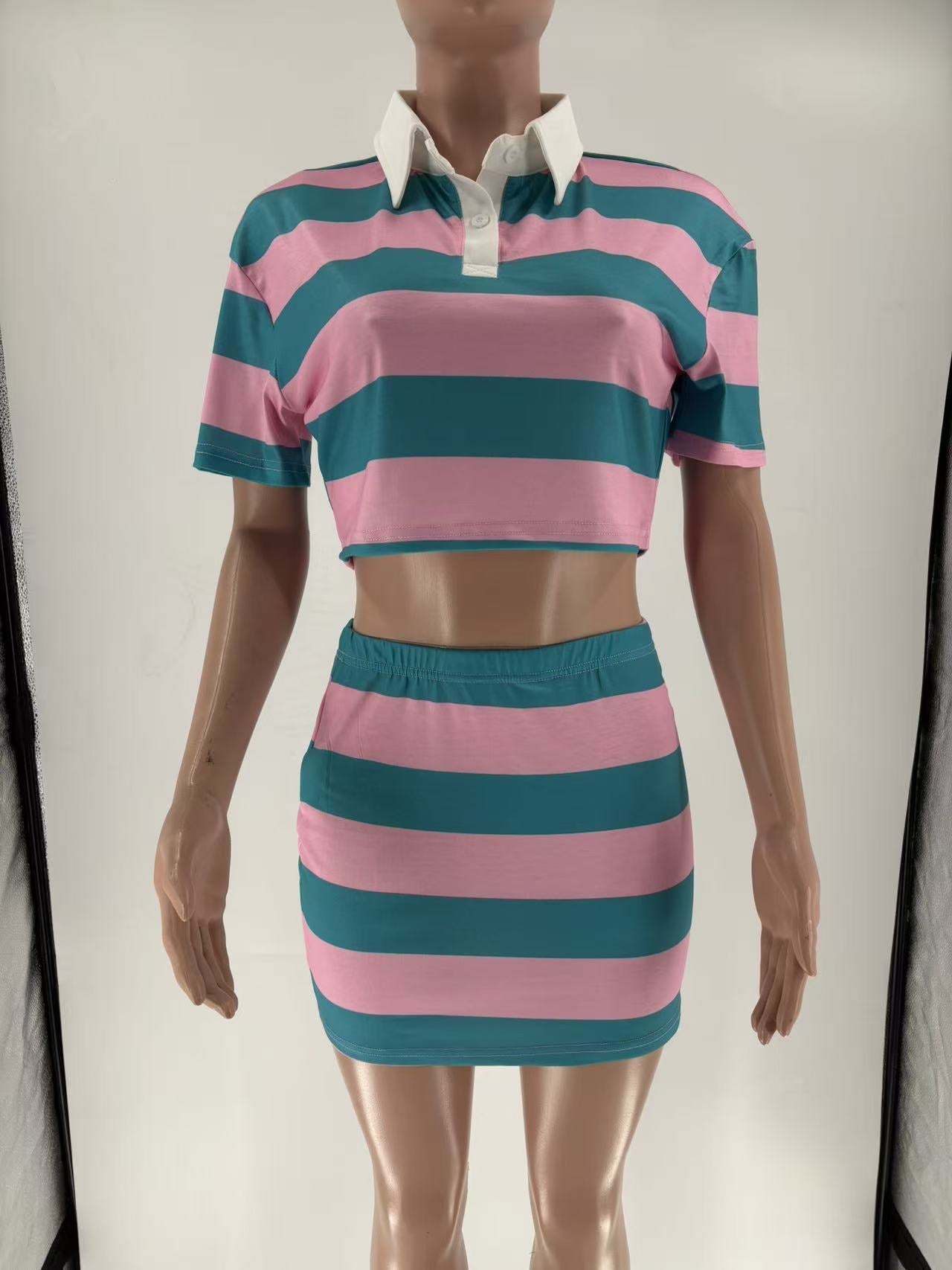Women Autumn Contrast Striped Shirt Collar Crop Top and Skirt Two-Piece Set 4