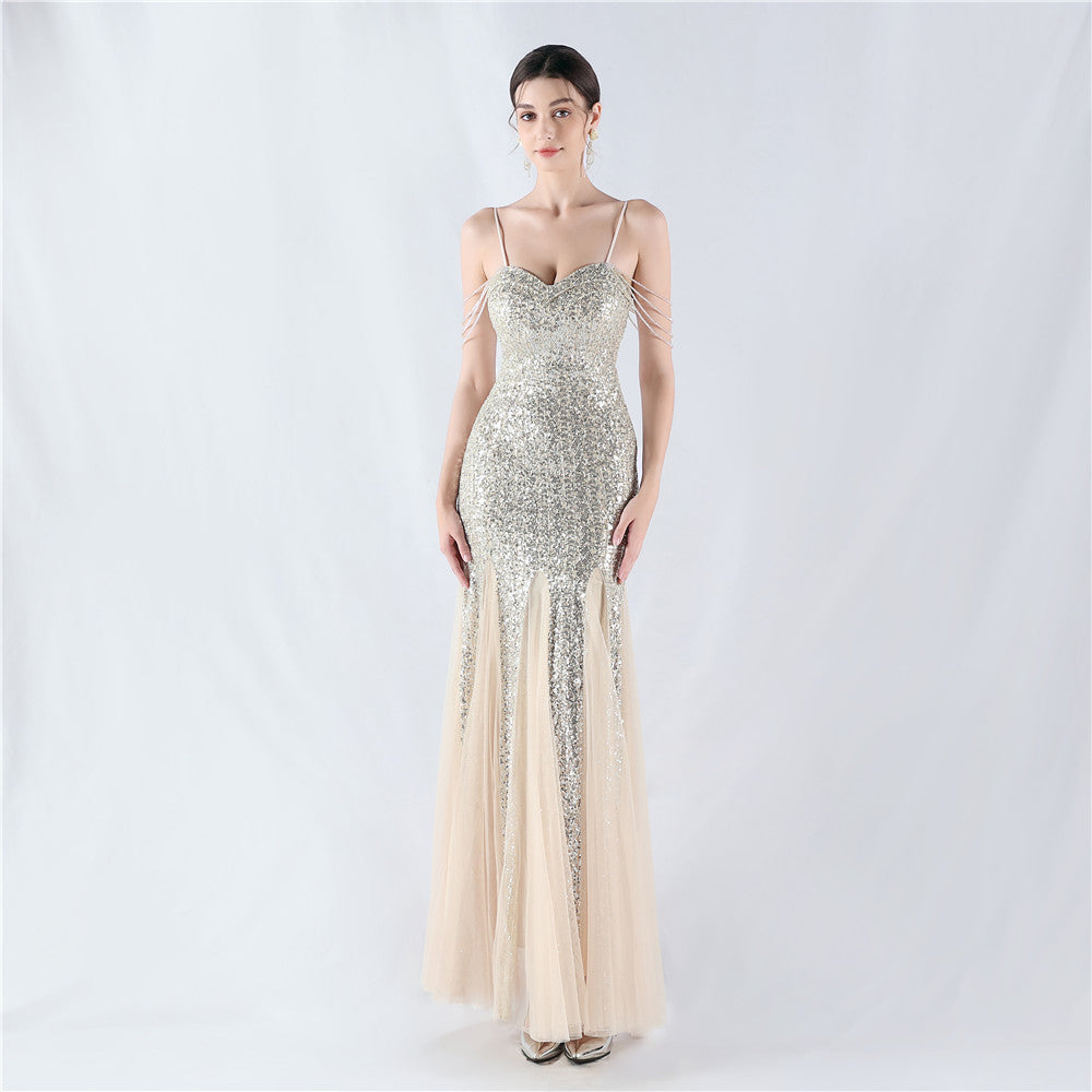 Strap Beading Mesh Sequin Evening Dress 7