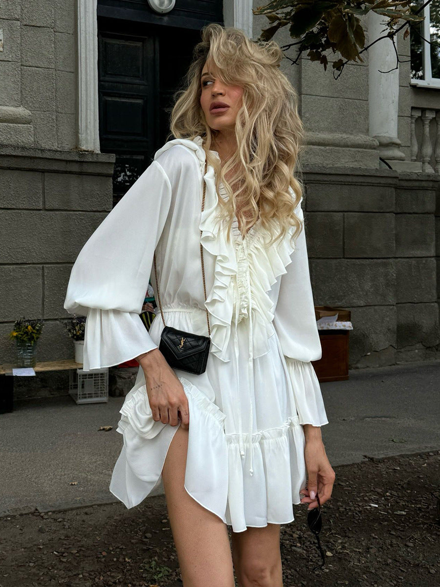 Women's Autumn Bell Bottom Sleeve V-neck Short Chiffon Dress