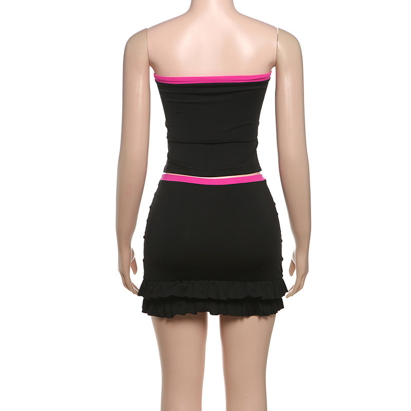 Women's Sexy Contrast Color Star Print Lace-Up Strapless Vest Mini Skirt Set 8