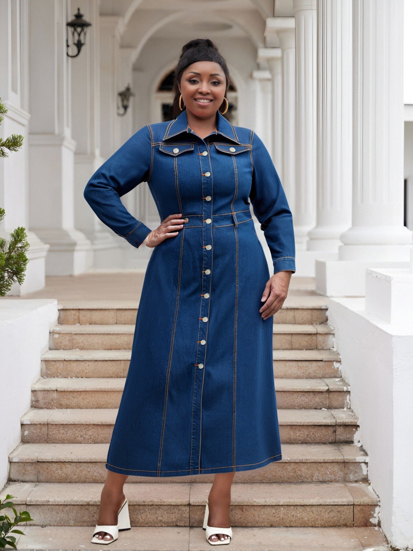 Plus-Size Women Turndown Collar Long-Sleeved Casual Denim Dress 3