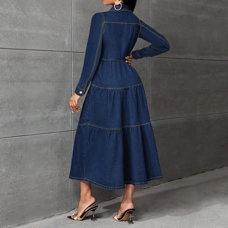 Elegant Long Sleeve Denim Long Dress 4