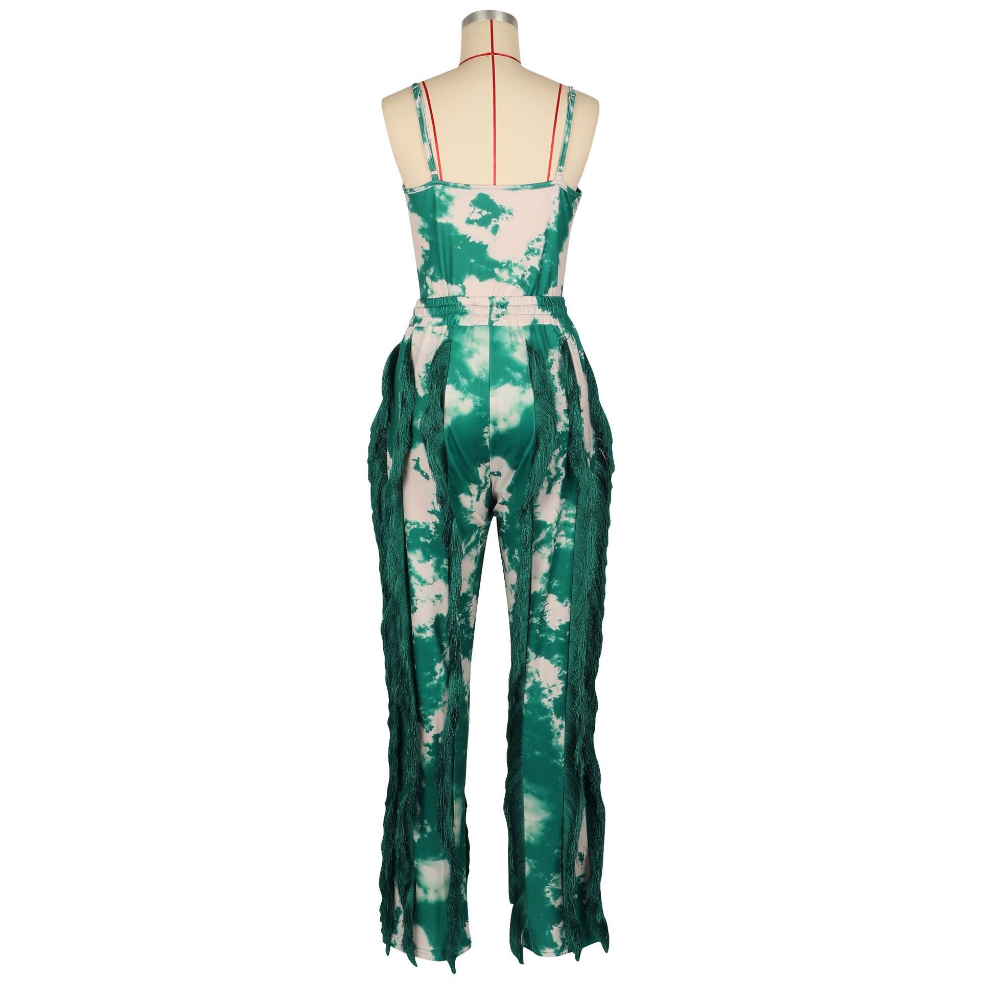 Women Summer Printed Tassel Lace Suspender Bodysuit and Pants Two-piece Set 10