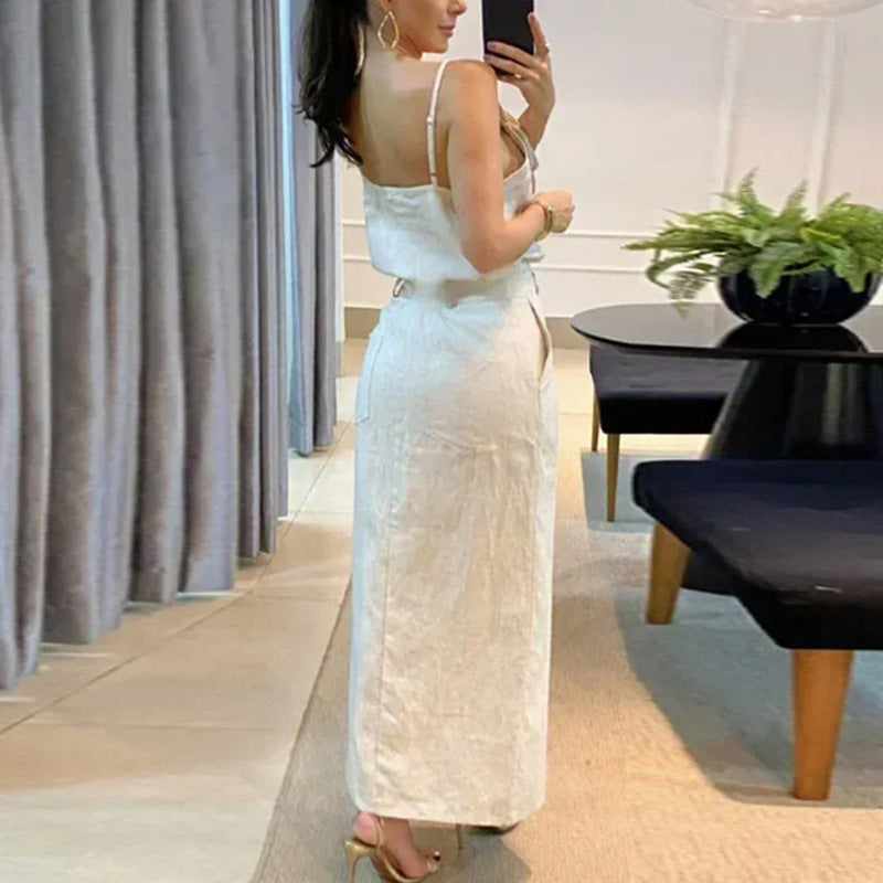 Women's Floral Strappy Top & Skirt Chic Linen Set