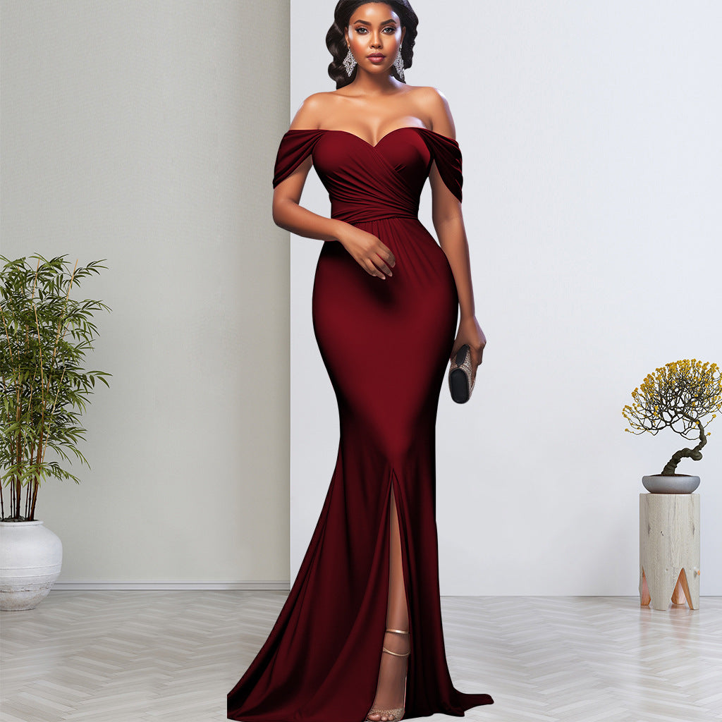 Women Sexy Solid Off-shoulder Evening Dress 4