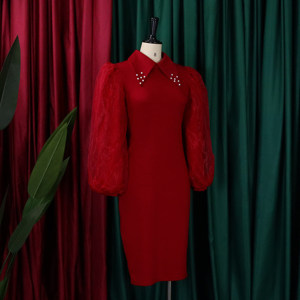 Women'S Spring Autumn Long Sleeve Plus Size Beaded Mesh Patchwork Career Bodycon Pencil Dress 10