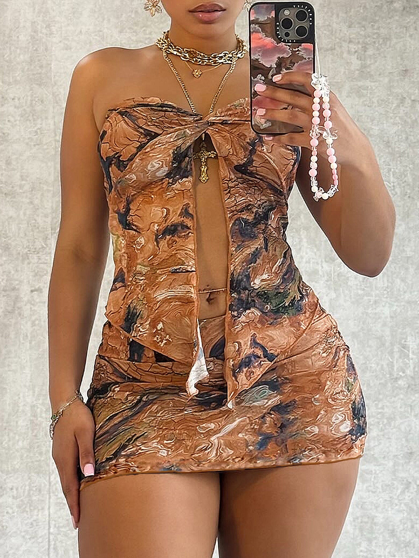 Women Mesh Floral Pleated Sexy Split Strapless Strapless Dress 3