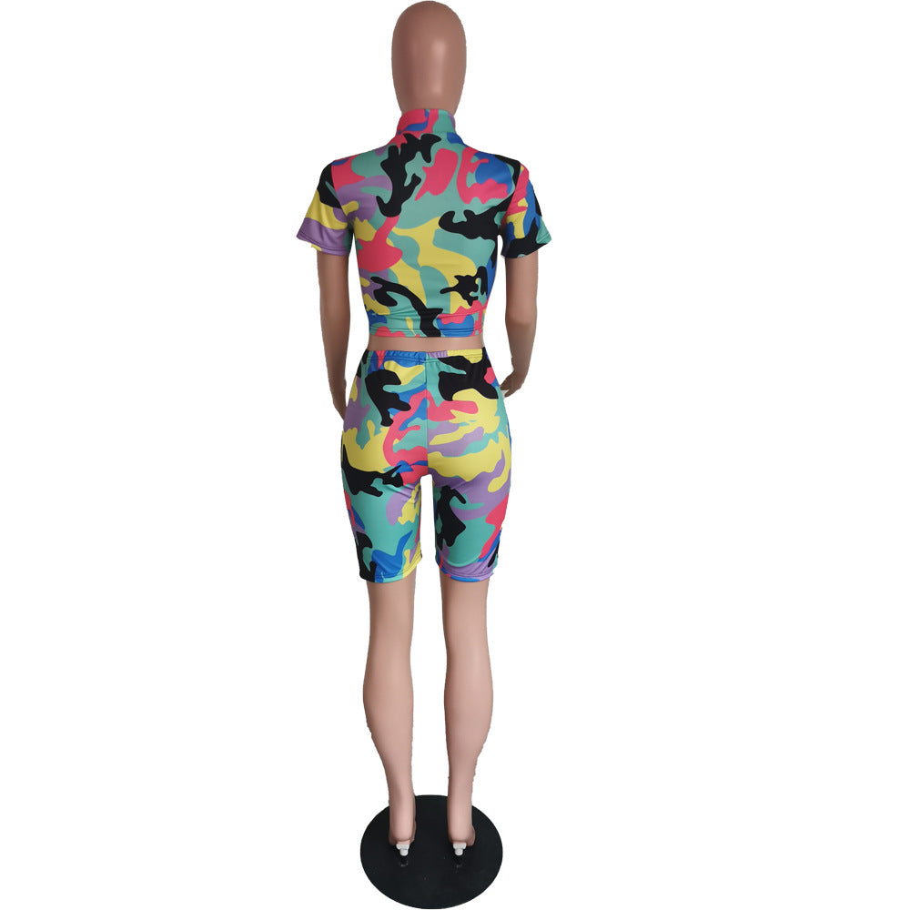Women's Sexy Camouflage Short Sleeve Zipper High Waist Two-Piece Set 16