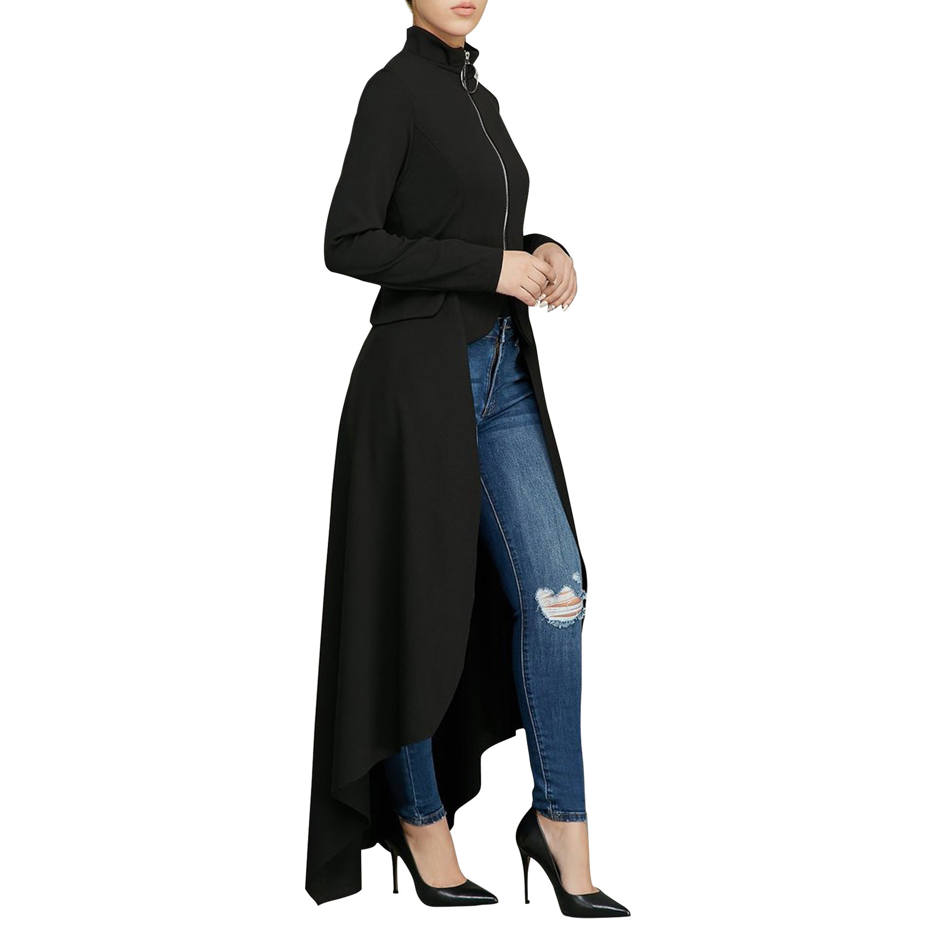 Spring Long-Sleeved High-Neck Slim Zipper Irregular Long Dress 54