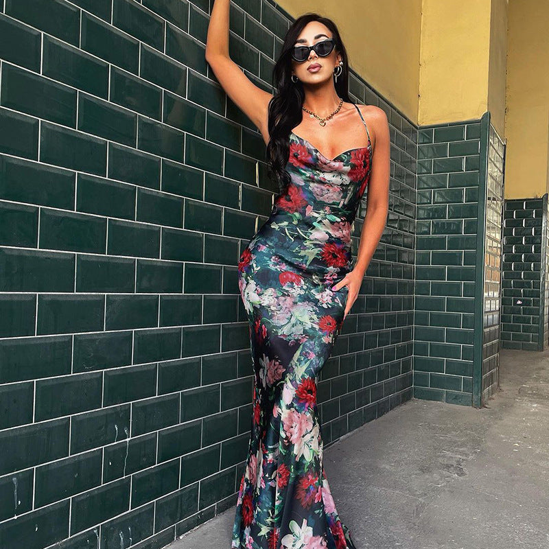 Womenƒ??s Summer Fashion Chic Floral Strap Low Back Lace-Up Slim Long Dress