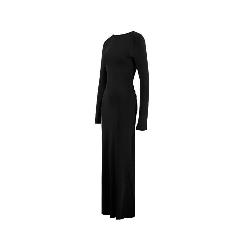 Women Pleated Long Sleeve Backless Bodycon Maxi Evening Dress 25
