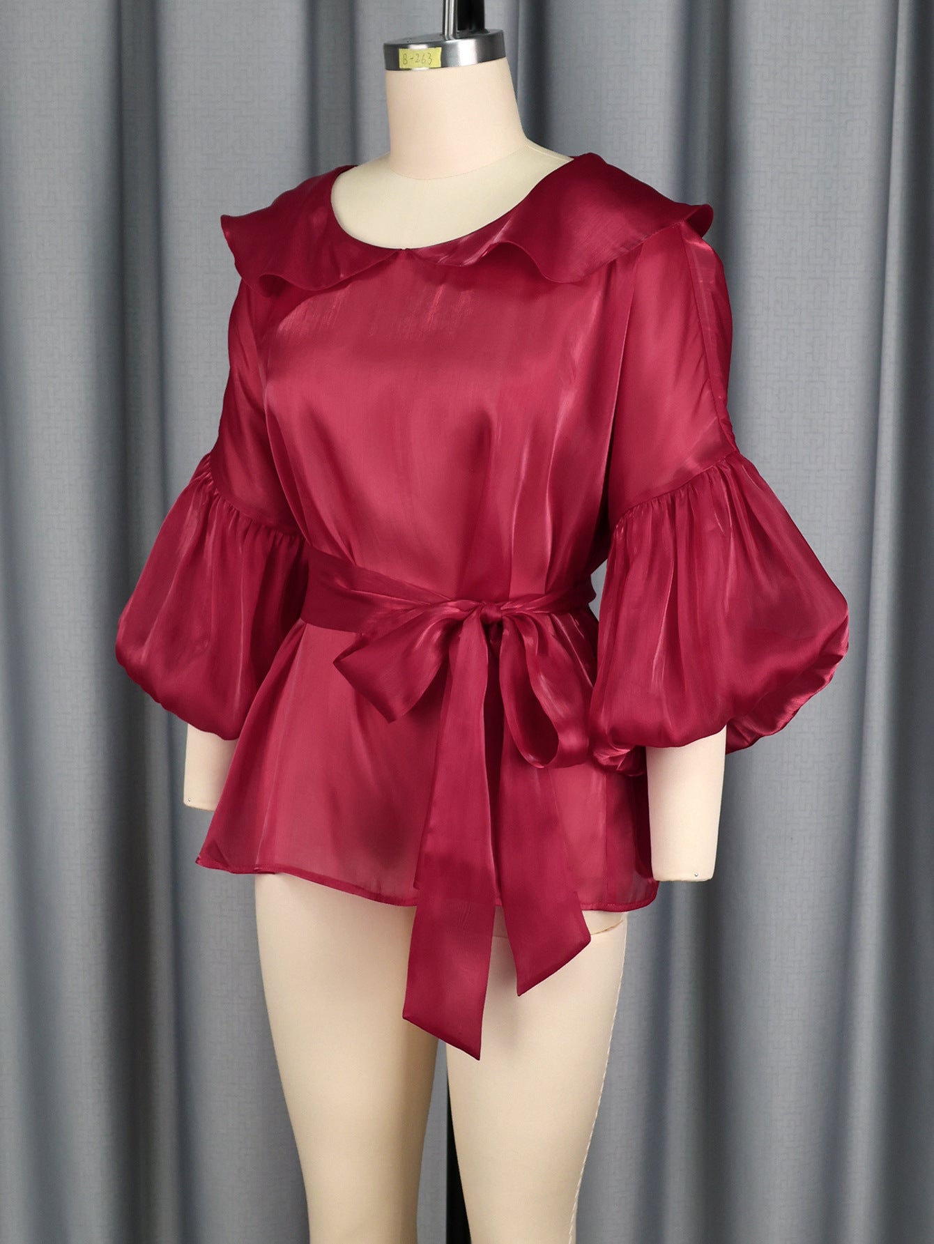 Peter Pan Collar Lantern Sleeve Bow Slim Waist Top Belly Cover Slim Fit Party Shirt 5