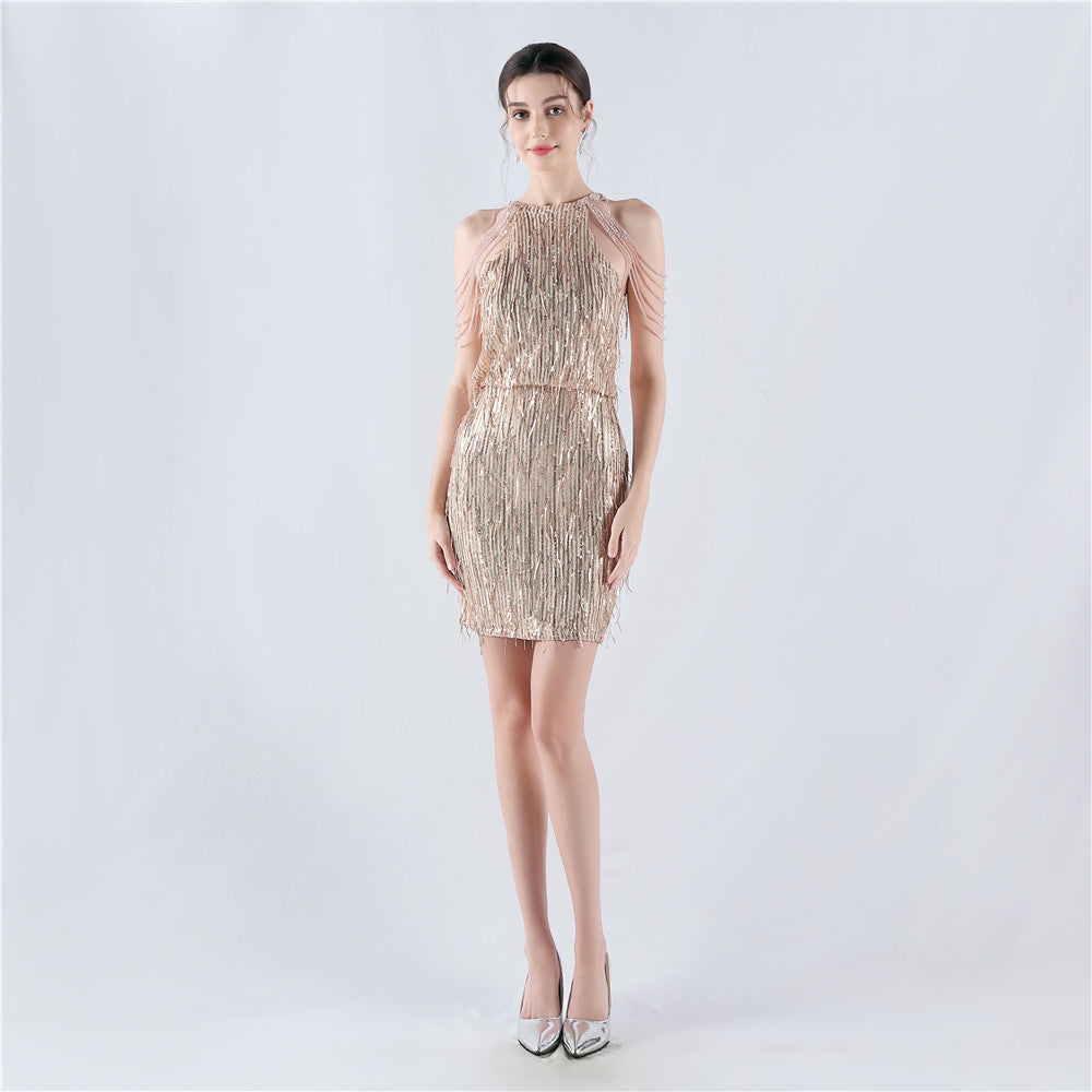 Women Tassel Sequin Halter Neck Beaded Evening Dress 9