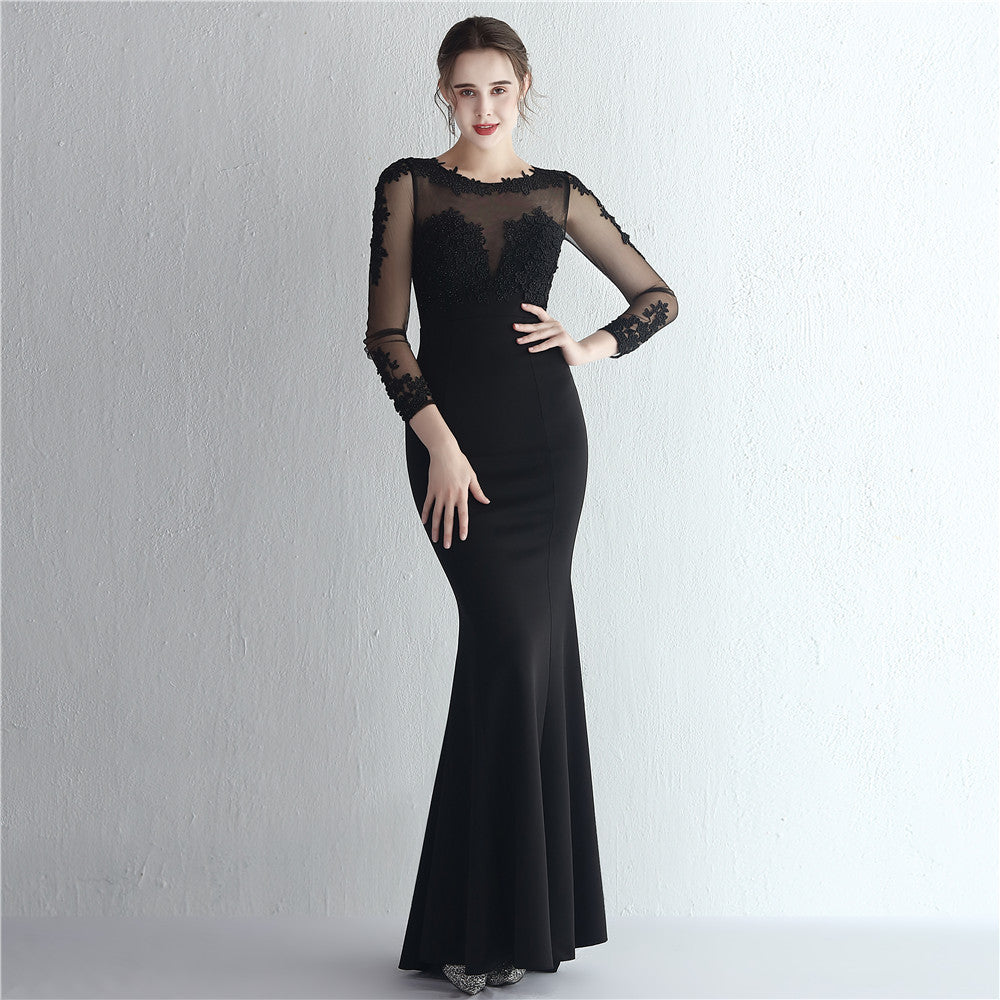 Satin Beaded Lace Patchwork Long Sleeve Bridal Mermaid Formal Evening Dress 5