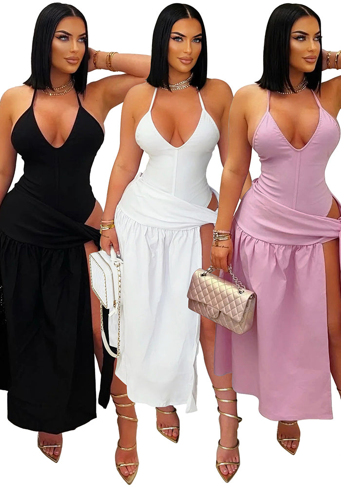 Women's Solid Color Lace-Up Sexy Slit Skirt Bodysuit Two Piece Set