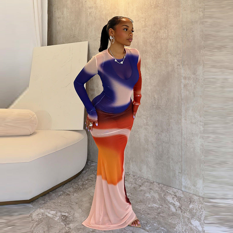 Women Printed Contrast Round Neck Long Sleeve Bodycon Dress 4