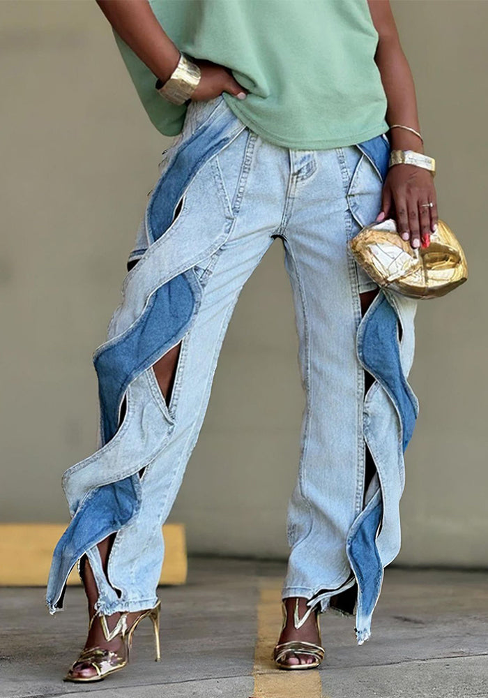 Color Block Patchwork Straight Leg Knot Cut-Out Denim Pants