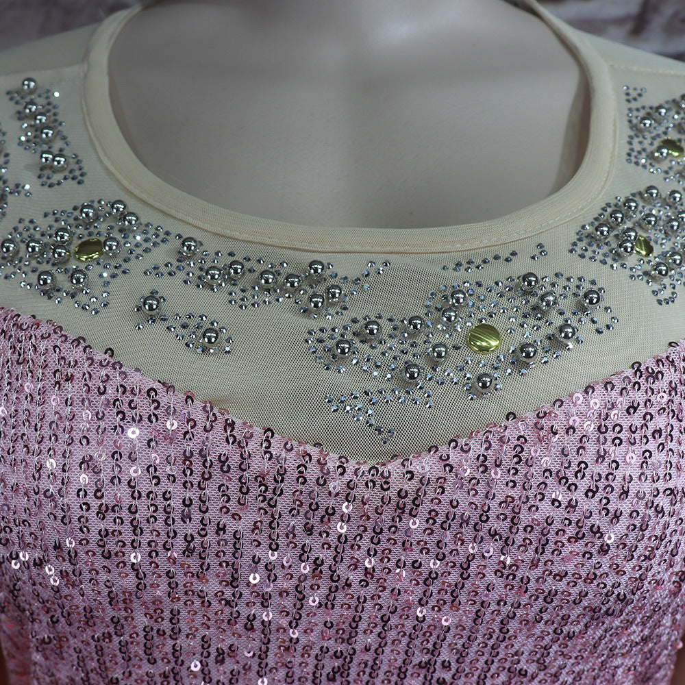 African Women's Dress Luxury Embroidery Off Shoulder Mesh Beaded Belted Evening Dress 9