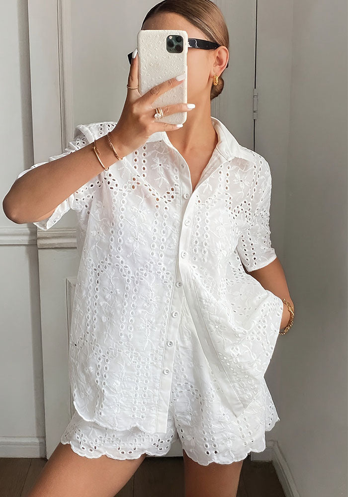 solid color embroidered short sleeve Turndown Collar hollow top and shorts 2-piece set