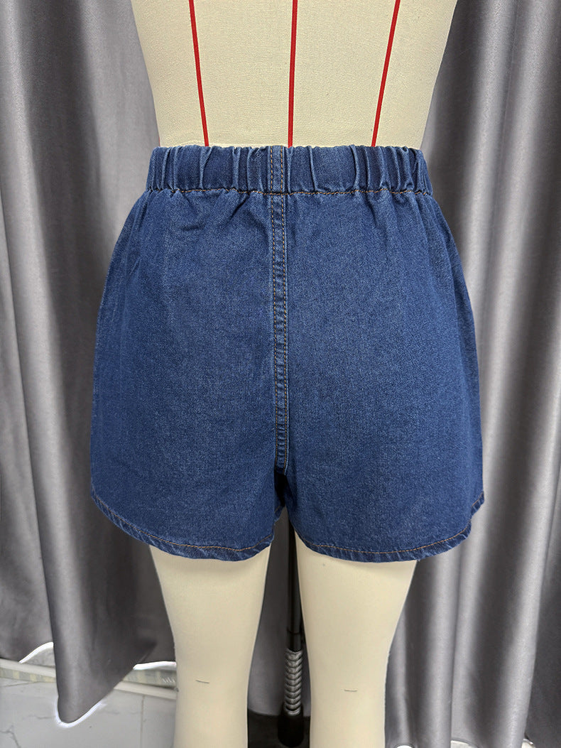 Women Retro Casual Pocket Short Sleeve Shirt and Denim Shorts two-piece set 13