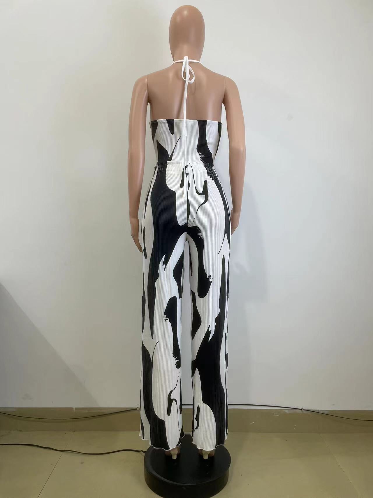 Women Summer Printed Halter Neck Wide Leg Pants Casual Two-piece Set 8