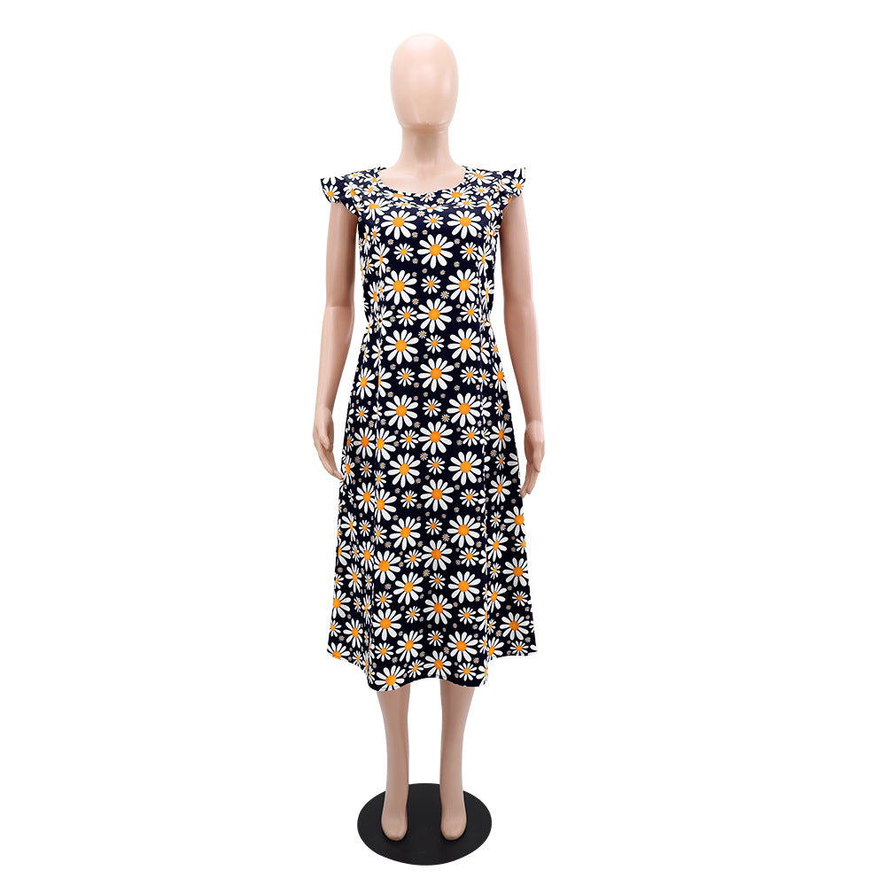 Women Round Neck Daisy Print Floral Dress