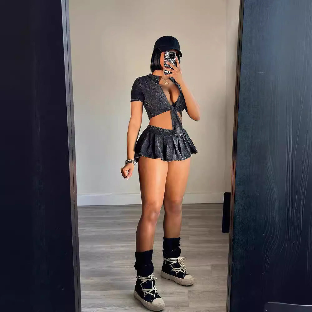 Sexy Women's Tie-Dye Print Short-Sleeved Lace-Up Crop Top Pleated A-Line Skirt Casual Two-Piece Set 5