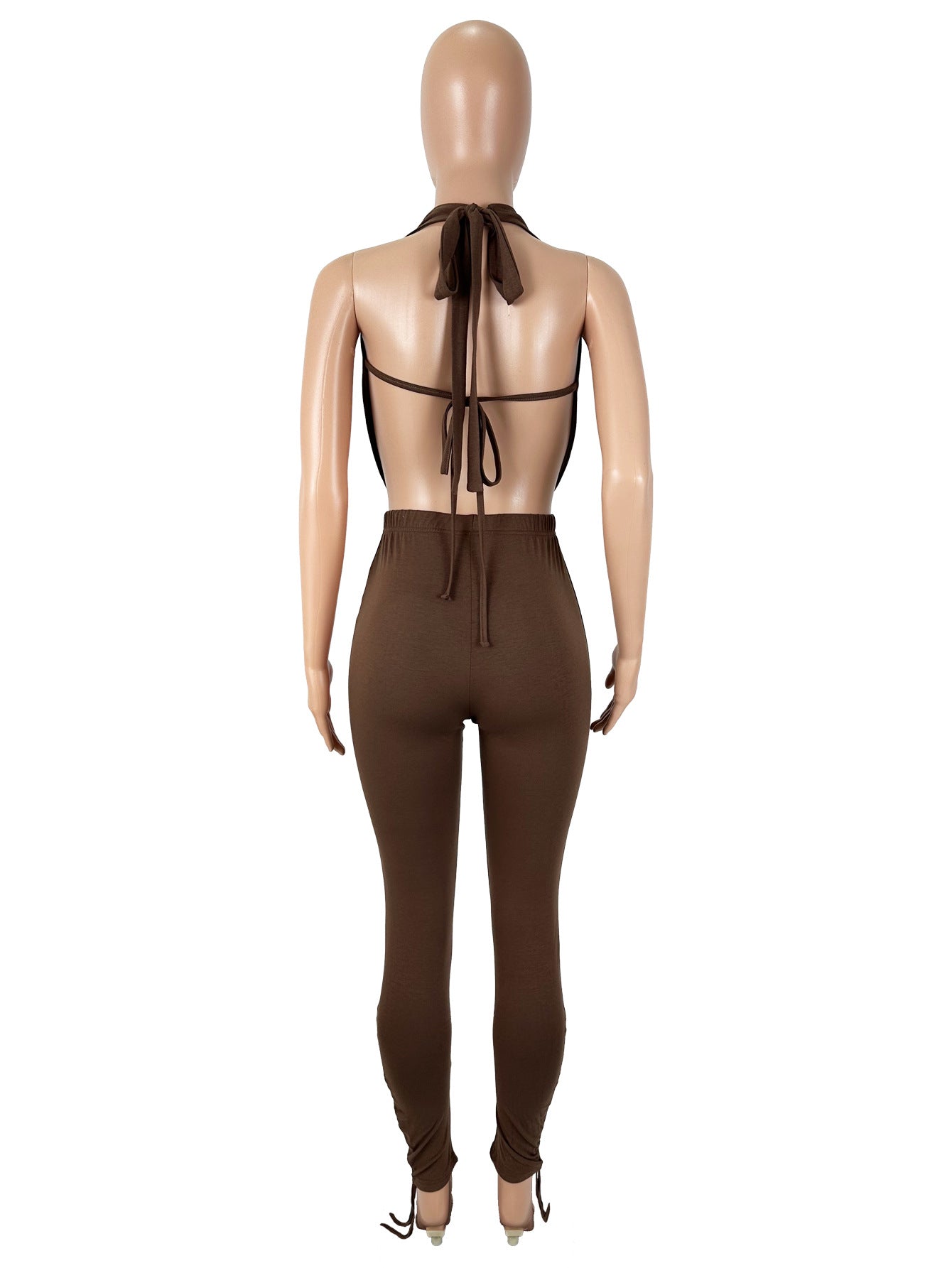 Women's Sexy Halter Neck Draped Neck Large Low Back Lace-Up Top with Drawstring Ankle Pants Two-Piece Set 3