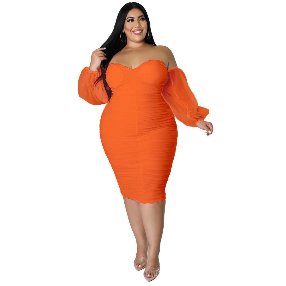 Plus Size Women Mesh Pleated Long Sleeve Dress 13