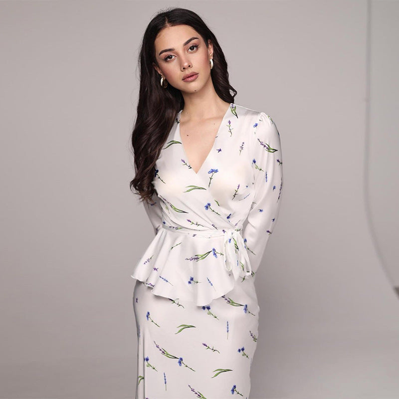 Women 's Spring V-Neck Printed High Waist Long Bodycon Dress