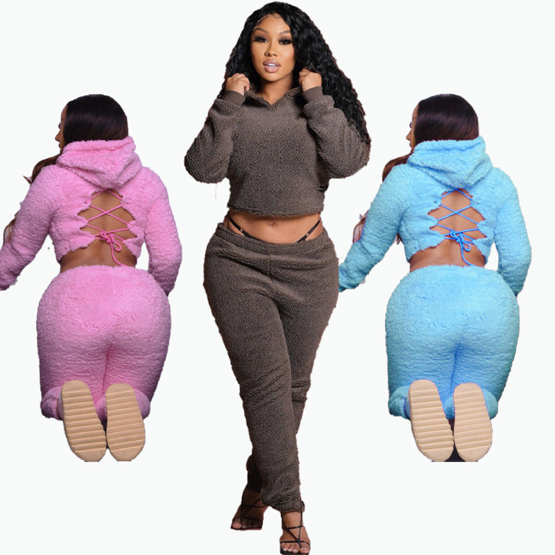Plus Size Women Sherpa Backless Hood Top and Pant Two Piece Set 21