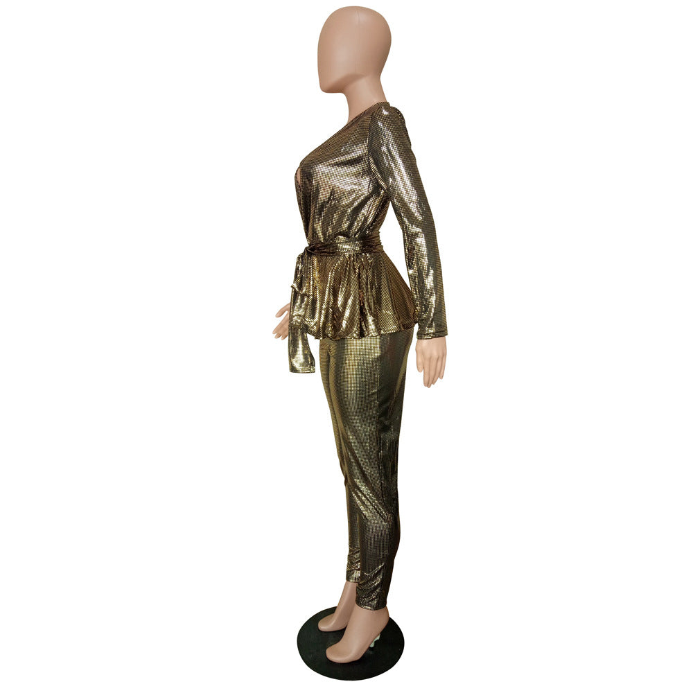 Women'S Slim Fashion Shiny Long Sleeve Suit With Belt 16