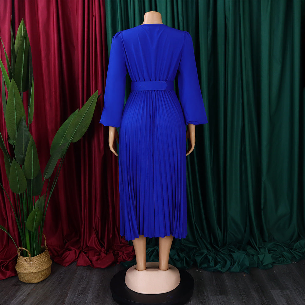 Plus Size Women Long Sleeve V-Neck Pleated Maxi Dress 17