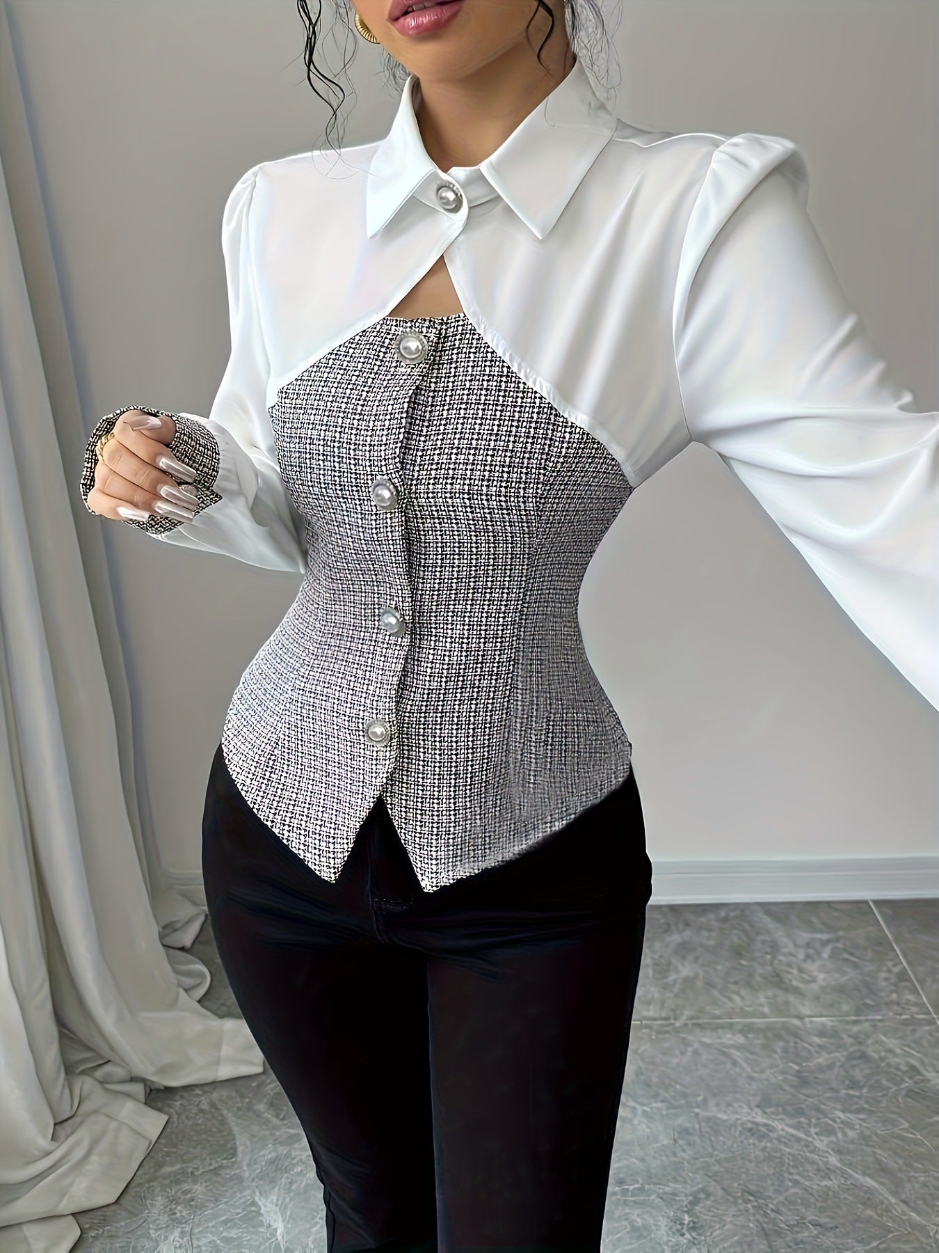 Women Fall/Winter Elegant contrasting long-sleeved turndown collar lining 5