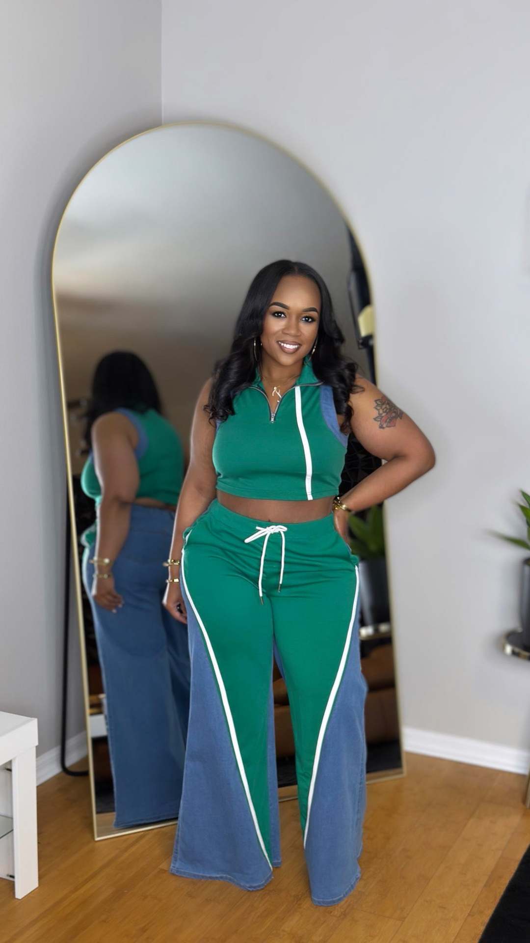 Women's denim patchwork sleeveless V-neck top wide-leg trousers two-piece set 5