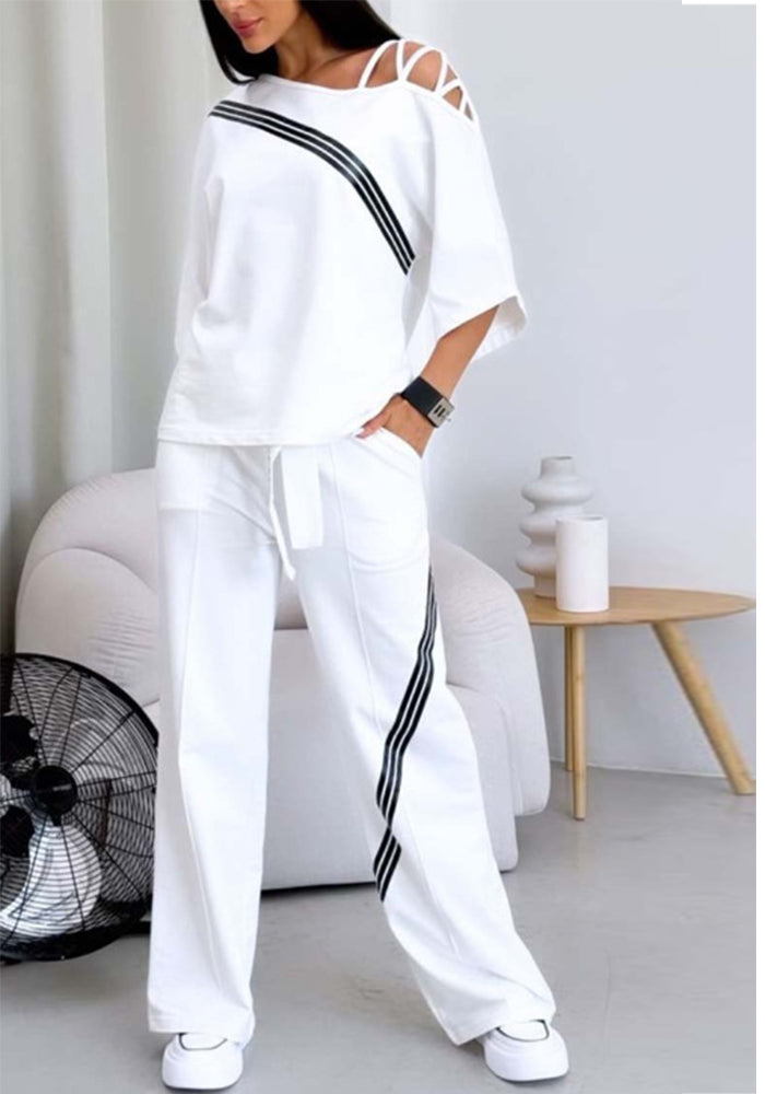 Autumn Fashion Slash-Shoulder Loose Short-Sleeved Top Casual Pants Two-Piece Sports Set