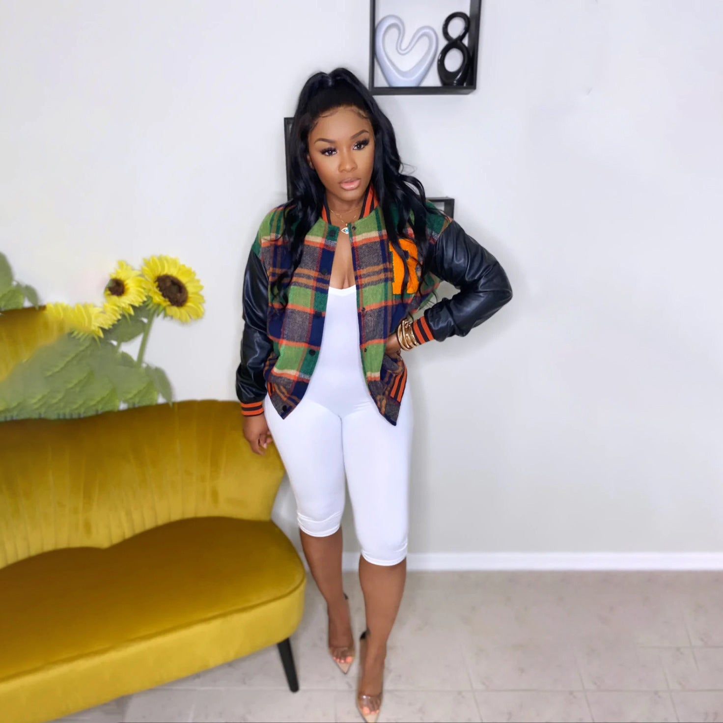 Fall Winter Plus Size Women's Casual Embroidered Ribbed Pu Patchwork Baseball Jacket 4