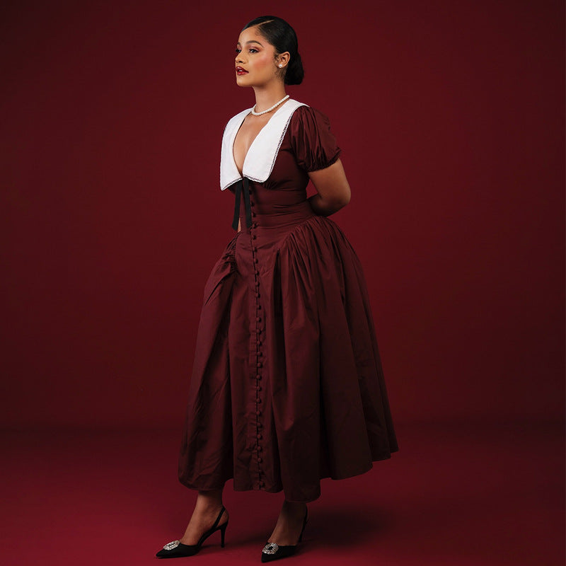 Women autumn and winter French puff sleeve Maxi dress 13