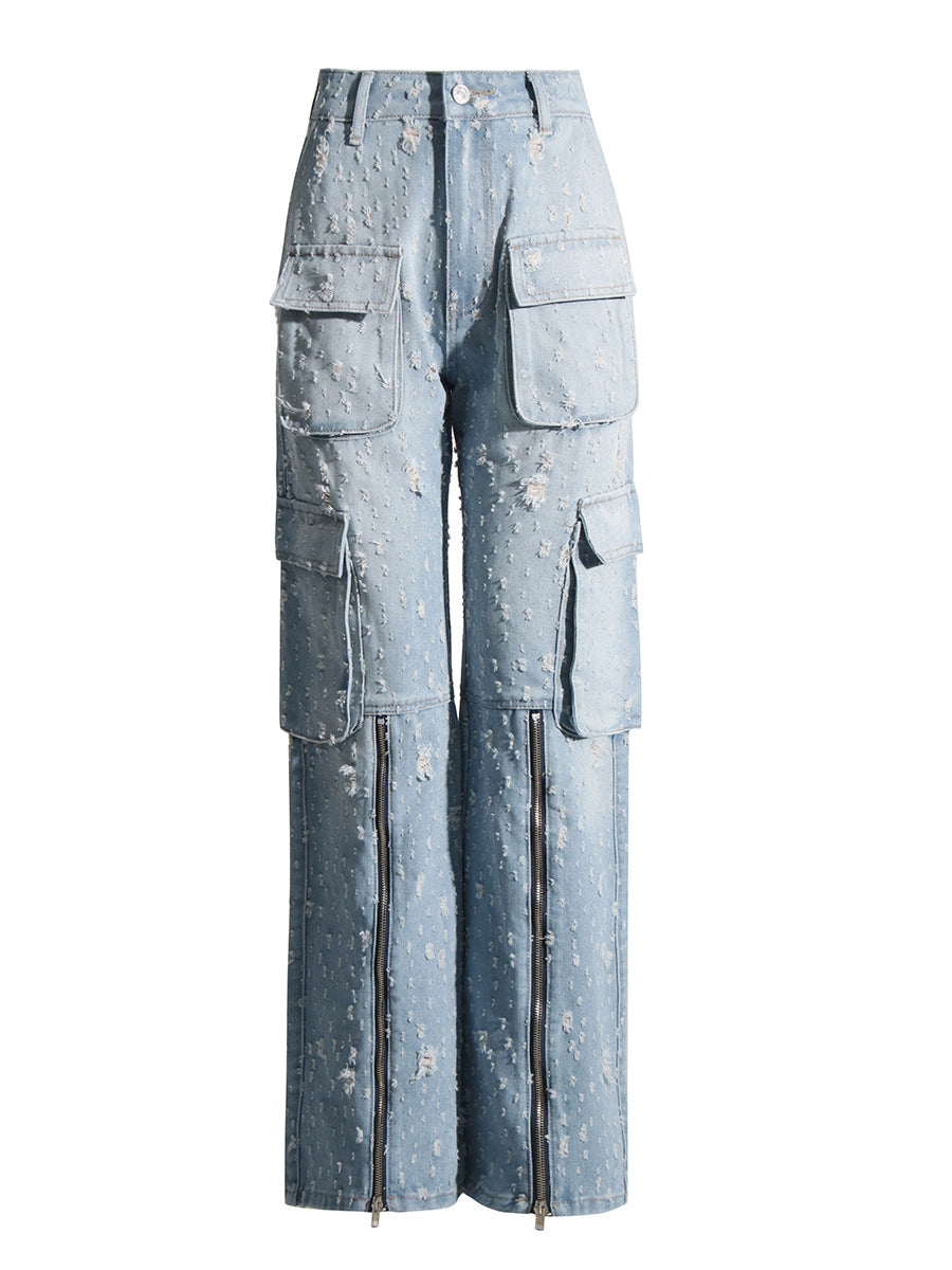 Spring Trend Ripped Pocket Blue Cargo Pants High Waist Long Denim Trousers
