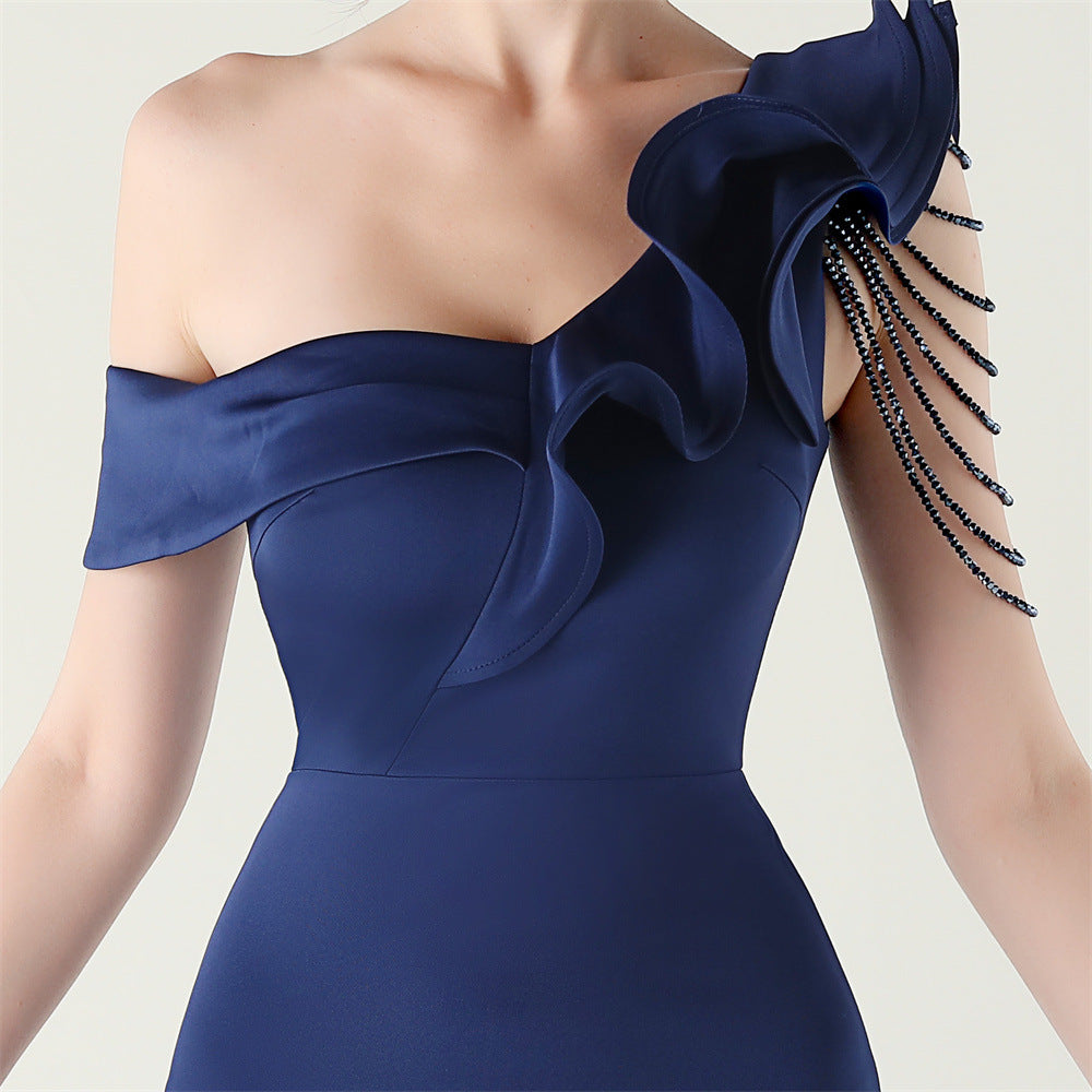 Women ruffled one-shoulder beaded fishtail formal party evening dress 31