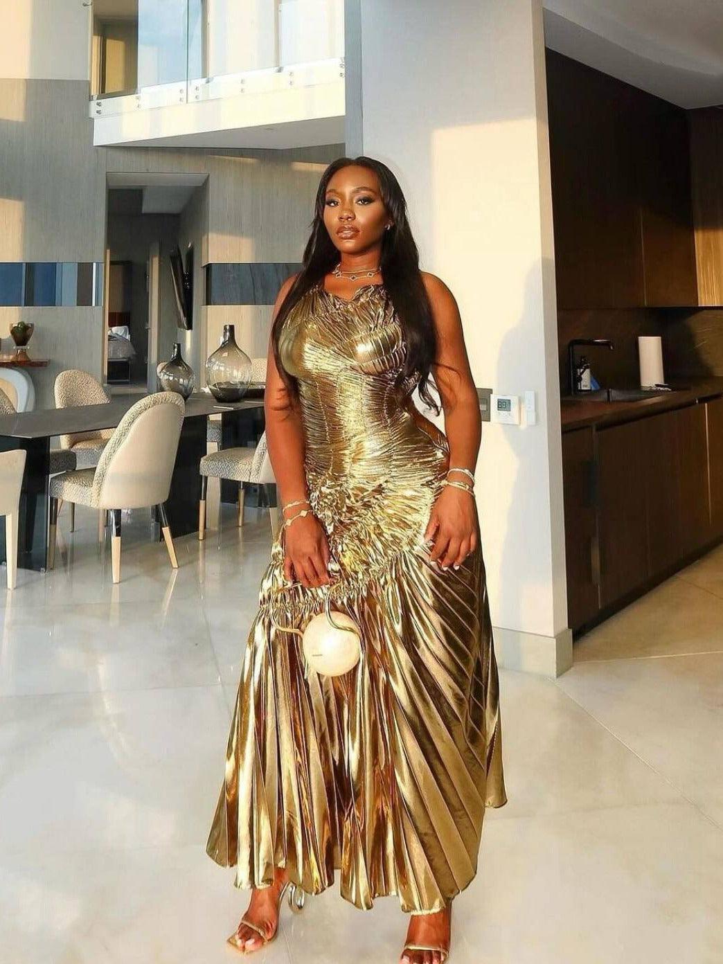 Sleeveless Sexy Shiny Color Pleated Long Evening Dress