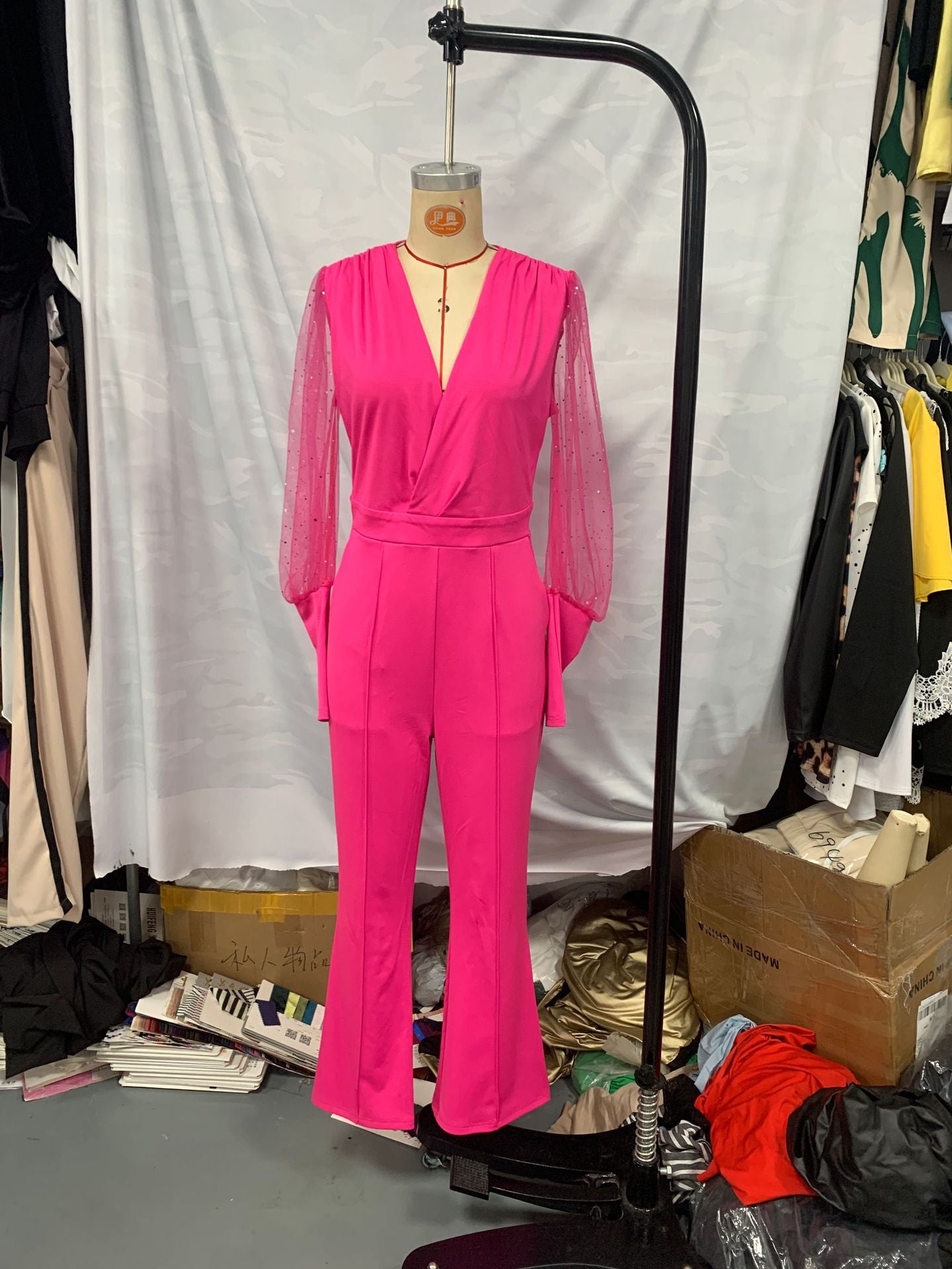 Women autumn V-neck mesh patchwork wide-leg jumpsuit