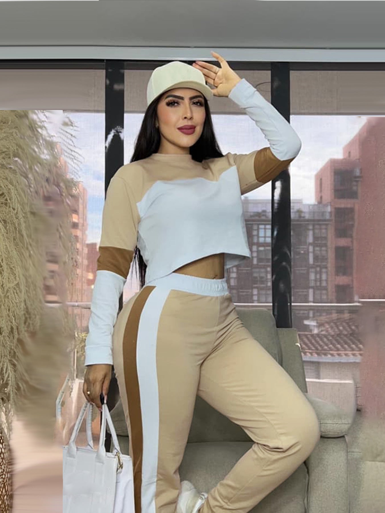 Fashion Street Color Block Patchwork Long Sleeve Sweatshirt & Sport Casual Pants Two-Piece Set 10