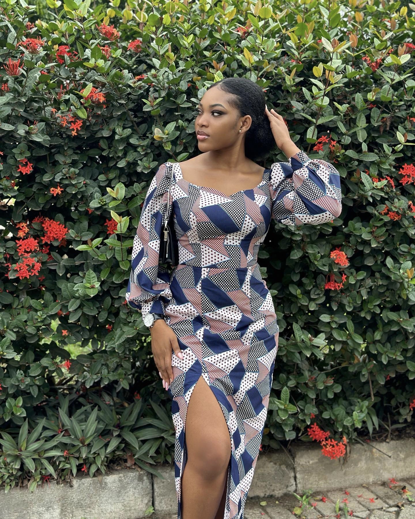 Autumn Fashion Women's Long Sleeves Blue Printed Plaid Slit Dress