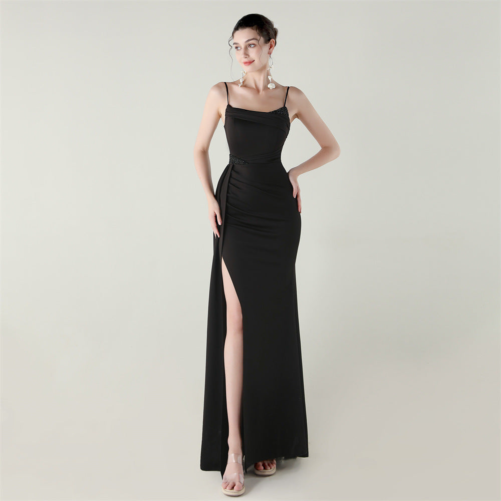 Women satin beaded chain fishtail slit evening dress 15