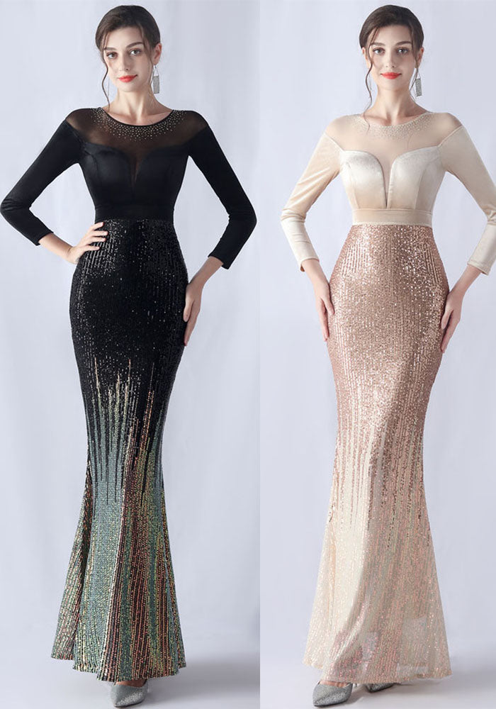 Formal Long Sleeve Patch Sequin Mermaid Evening Dress